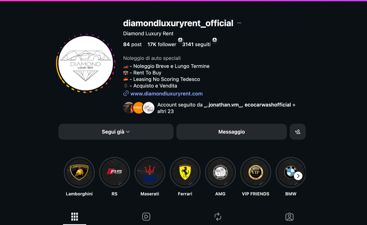 Profilo Instagram Diamond Luxury Rent